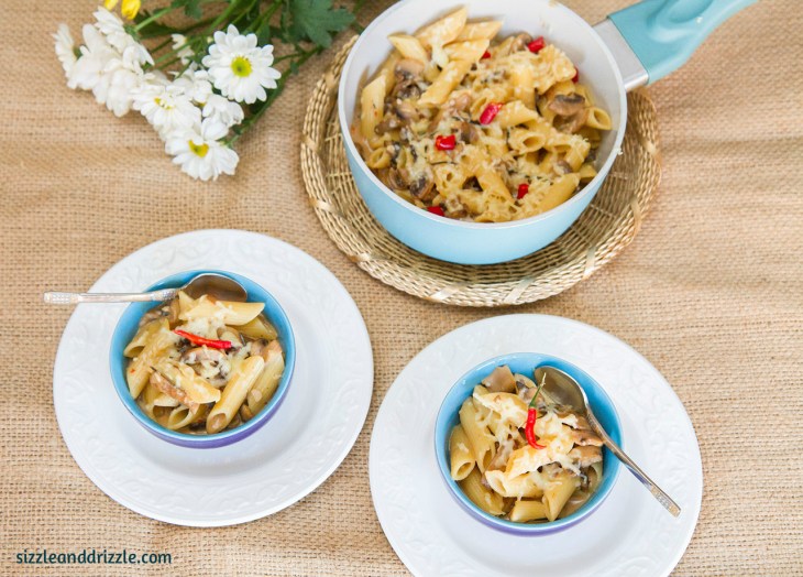 Pasta in a pot and bowls