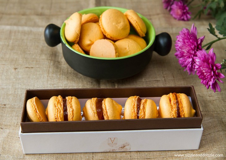 Mango macarons in a box
